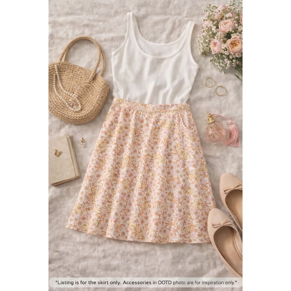 American Eagle Floral Cotton Skirt Size 6 with Pockets Pink Peach Cream A‑Line